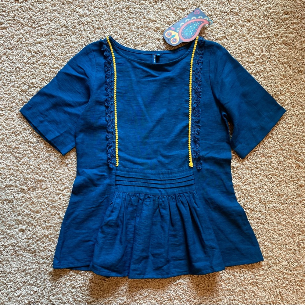 NWT Chumbak Indian Tassel Embellished Short Sleeve Peplum Blouse Top Shirt